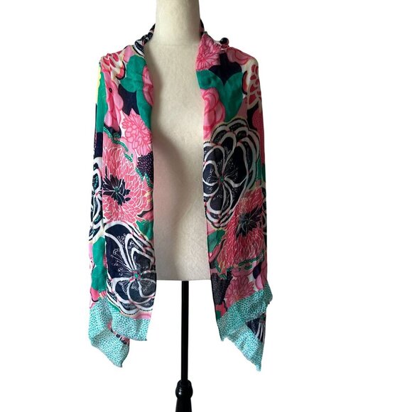 Floral Scarf Oblong Vibrant Flower Pink Navy Frayed Ends Fringe Long Wrap Hijab - Picture 5 of 13